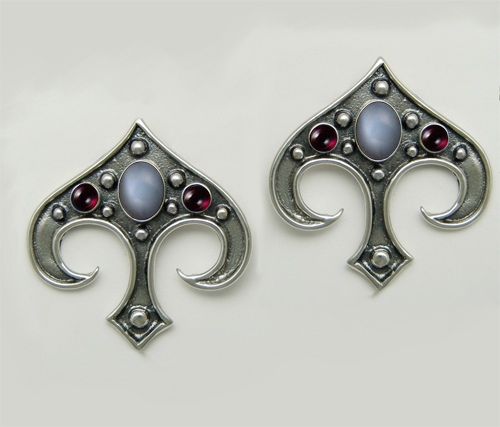 Sterling Silver Gothic Inspired Drop Dangle Earrings With Grey Moonstone And Garnet